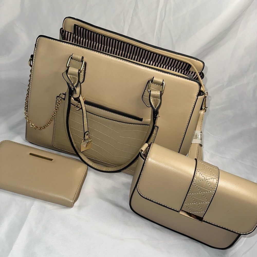 Tan Satchel Set with Gold Hardware set of three